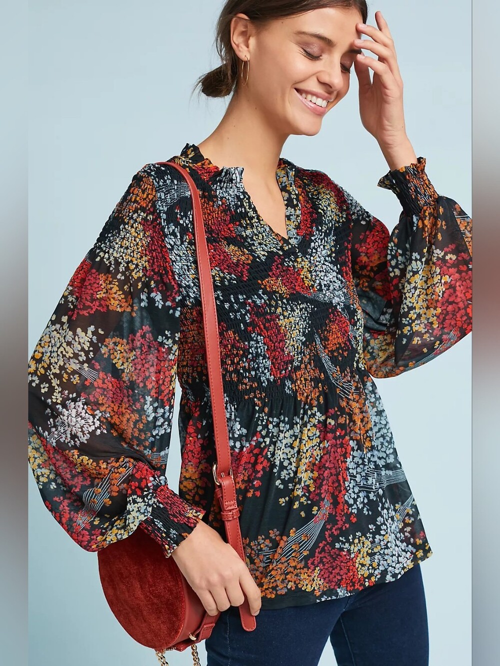 Anthropologie Black Floral Smocked Peasant Blouse Size M